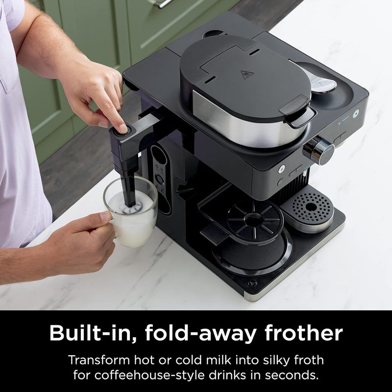 Cafetera Ninja Espresso & Coffee Barista System. Máquina de café de capacidad hasta 12 Tazas, función para cápsulas de Nespresso, Espumador Plegable CFN601.