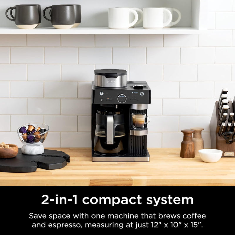 Cafetera Ninja Espresso & Coffee Barista System. Máquina de café de capacidad hasta 12 Tazas, función para cápsulas de Nespresso, Espumador Plegable CFN601.
