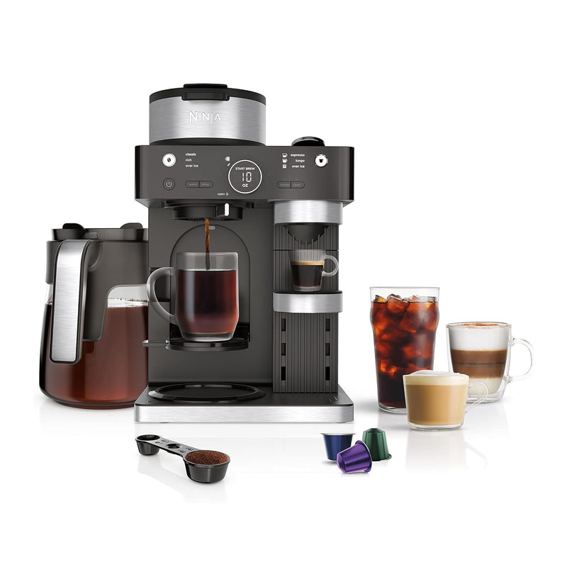 Cafetera Ninja Espresso & Coffee Barista System. Máquina de café de capacidad hasta 12 Tazas, función para cápsulas de Nespresso, Espumador Plegable CFN601.