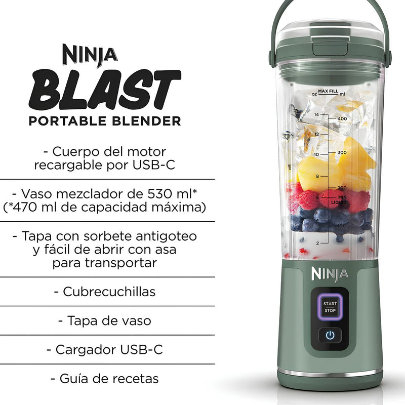 Licuadora personal Ninja Blast Green. Minibatidora portátil, recargable para smoothies, batidos de proteínas, pica hielo y frutas congeladas.