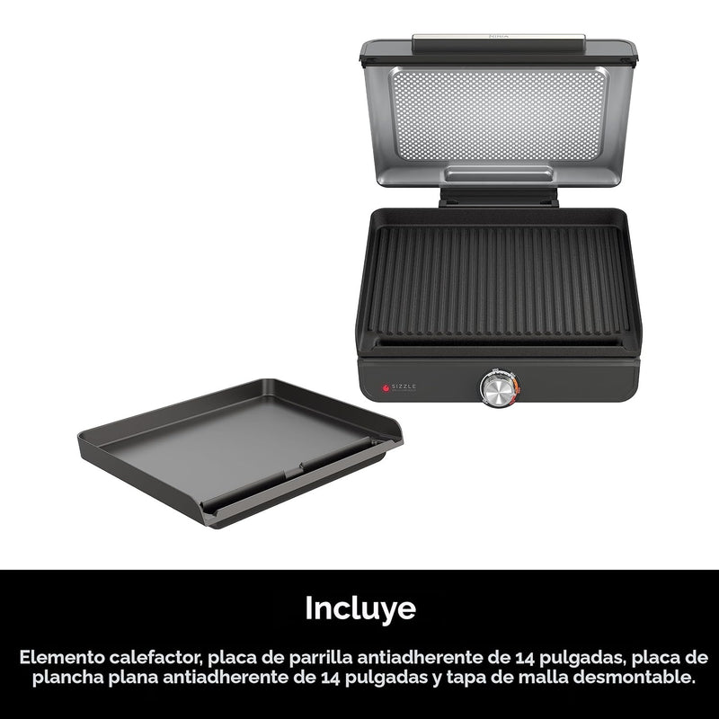 Plancha Y Parrilla Eléctrica De Interior Ninja Sizzle. 2 En 1 Con Placas Intercambiables Antiadherentes De 14 Pulgadas.