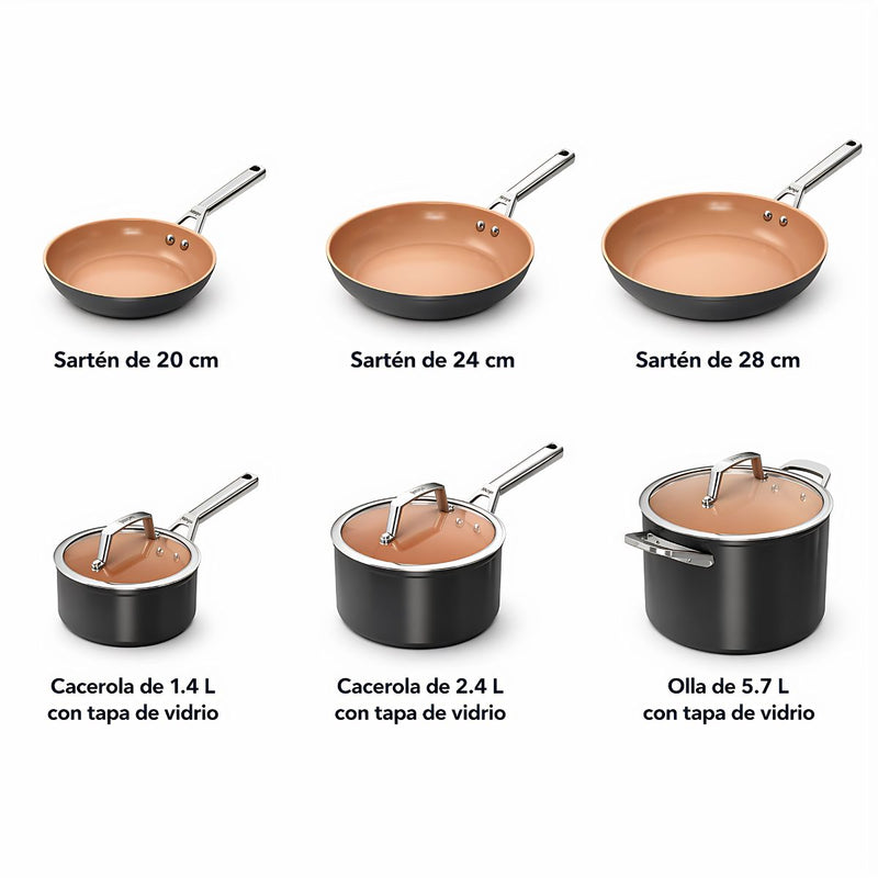 Ollas y sartenes Ninja Extended Life Ceramic. Set de 12 Piezas. Juego de ollas y sartenes de Cerámica Antiadherente.
