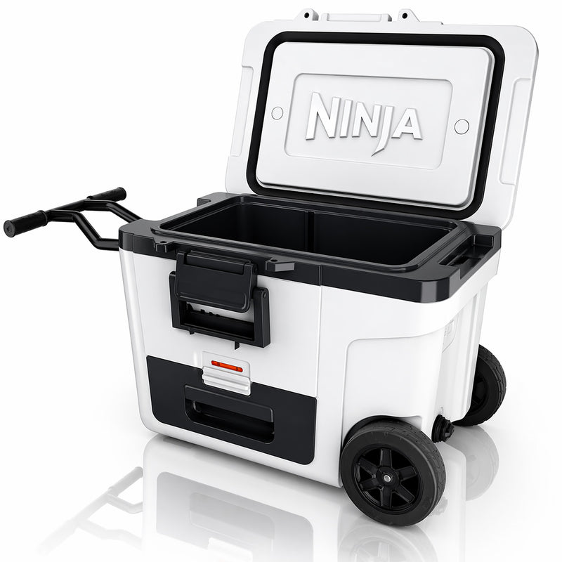 Cooler Ninja FrostVault de 45QT con ruedas. Hielera térmica con Dry Zone, gaveta inferior y alta conservación de frío. Color Blanco.