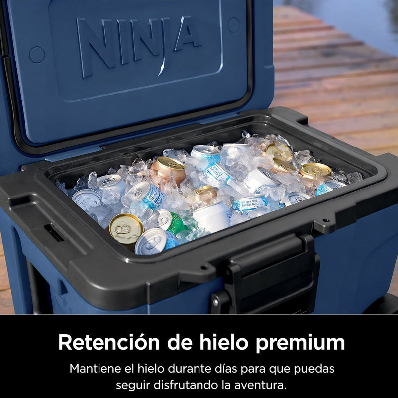 Cooler Ninja FrostVault de 45QT con ruedas. Hielera térmica con Dry Zone, gaveta inferior y alta conservación de frío. Color Azul.