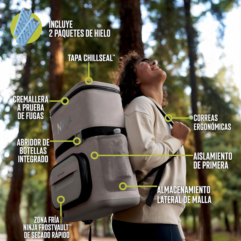 Mochila Cooler Ninja FrostVault Go para 24 Latas con Zona DryZone. Nevera Portátil Térmica. Color beige.