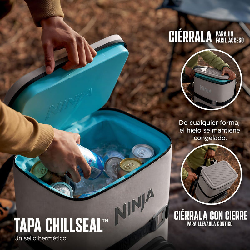 Mochila Cooler Ninja FrostVault Go para 24 Latas con Zona DryZone. Nevera Portátil Térmica. Color beige.