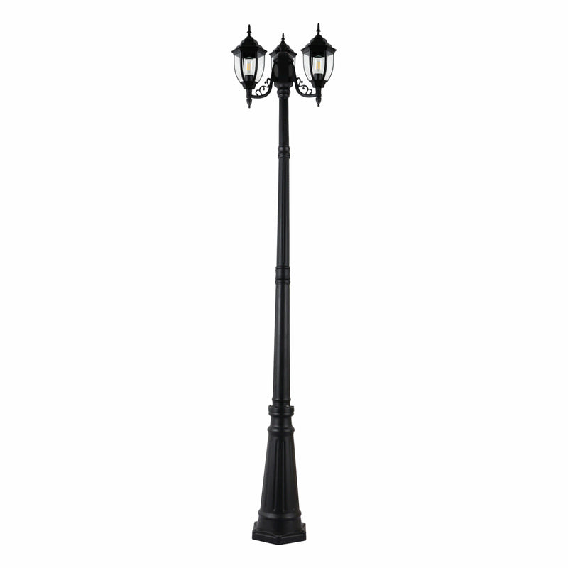 Lámpara Exterior de Poste Tipo Farol Negro 3XE27 650x2300mm Ideal para Jardines, Patios y Entradas. Diseño Clásico para Iluminación Exterior. Luminaria Tipo Poste para Exterior con Farol.