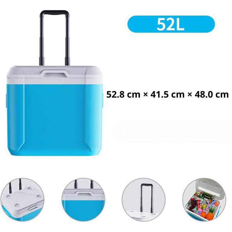 Cooler portátil 52L con ruedas azul/blanco, aislamiento térmico antifugas para camping y picnic  Hielera  52.8 cm × 41.5 cm × 48.0 cm