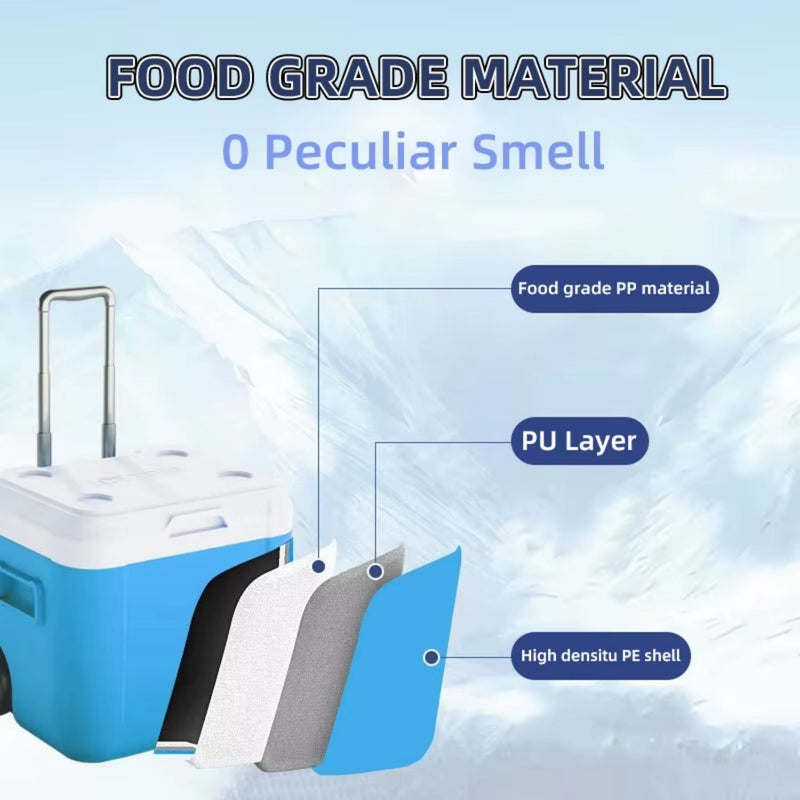 Cooler portátil 52L con ruedas azul/blanco, aislamiento térmico antifugas para camping y picnic  Hielera  52.8 cm × 41.5 cm × 48.0 cm