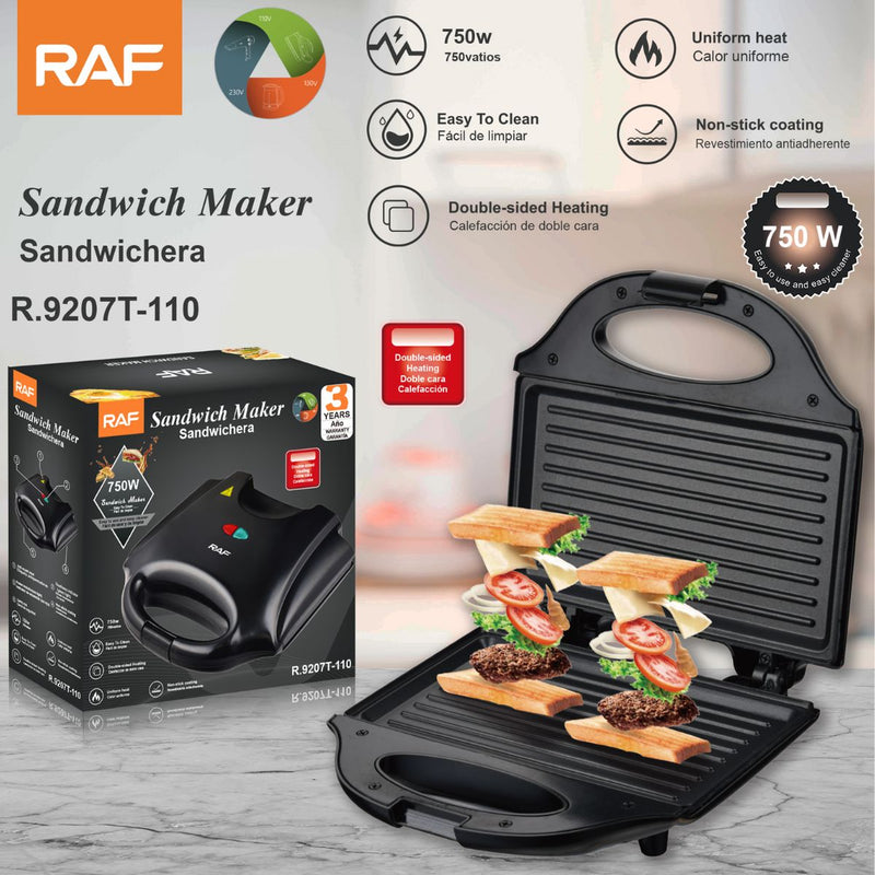 Sandwichera Eléctrica 750W 110V. Parrilla multifuncional Antiadherente de Doble Calor para Sándwiches y Paninis Crujientes.