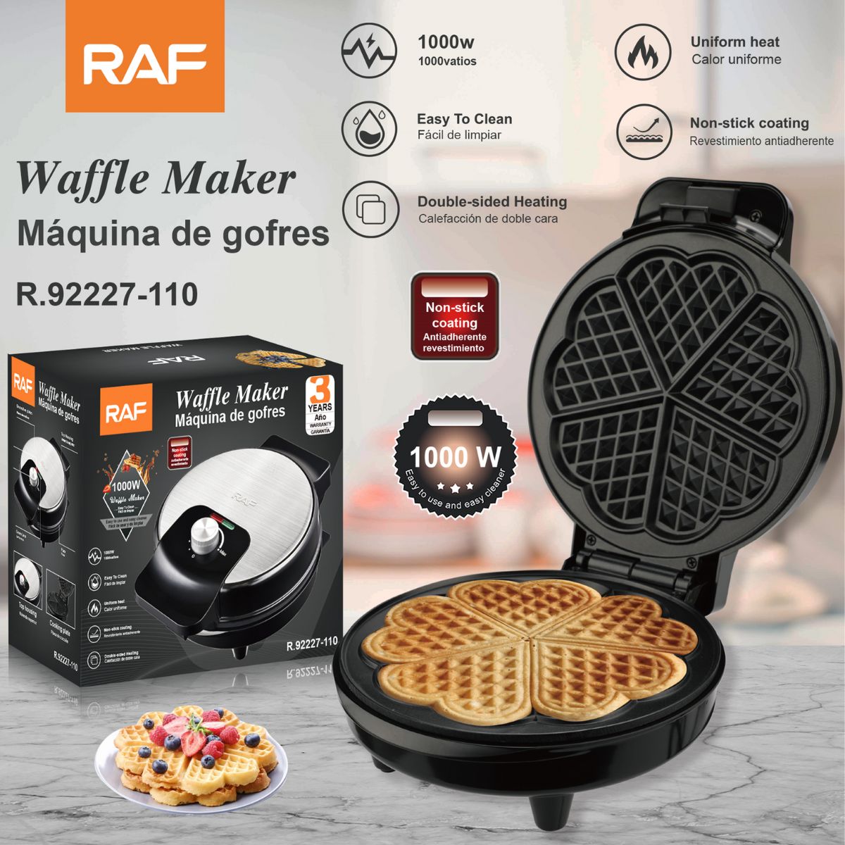 Waflera Eléctrica 1000W 110V. Máquina Antiadherente de Doble Calor para waffles Crujientes y Uniformes.