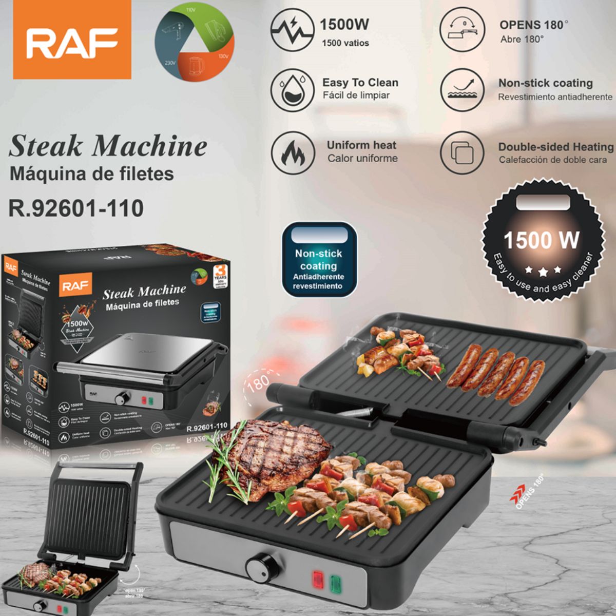 Parrilla Eléctrica 1500W 110V. Plancha Antiadherente de Doble Cara que Abre 180°. Asador Ideal para Carnes y Filetes.