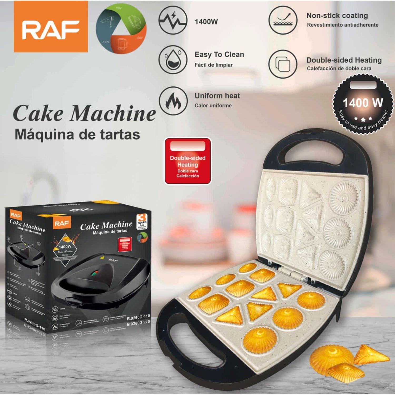 Máquina de Mini Galletas Tartas 1400W Antiadherente con Calor Doble y Cocción Uniforme 110V /60hz. Cookies Maker