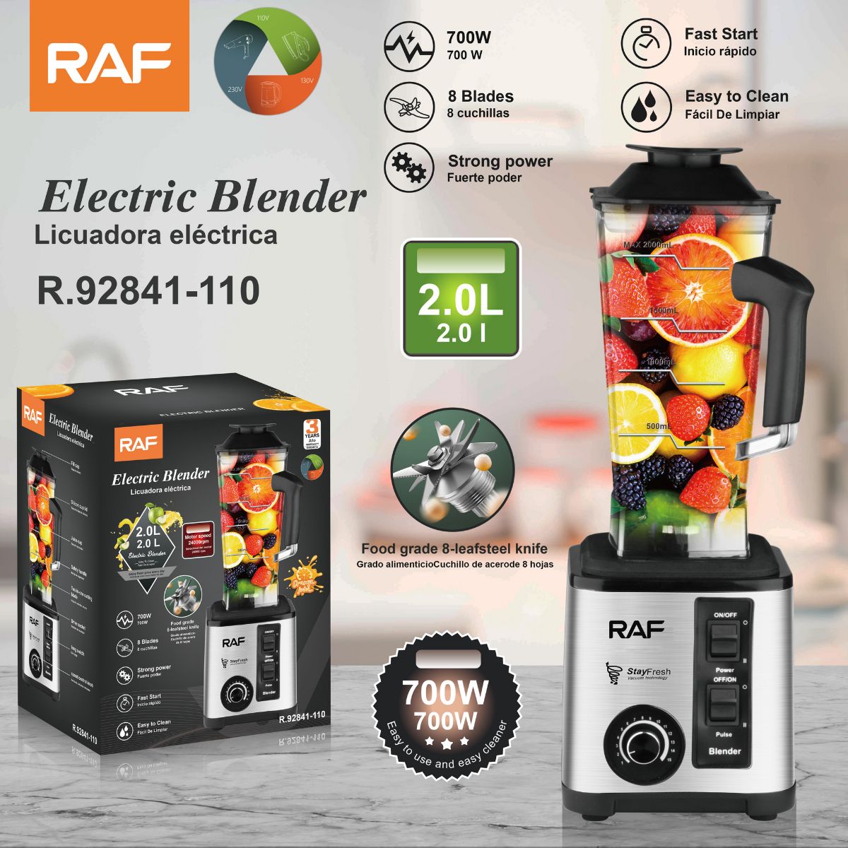 Licuadora Eléctrica de 700W 110V. Vaso de 2.0 Litros con 8 Cuchillas de Acero. Potente y Rápida.