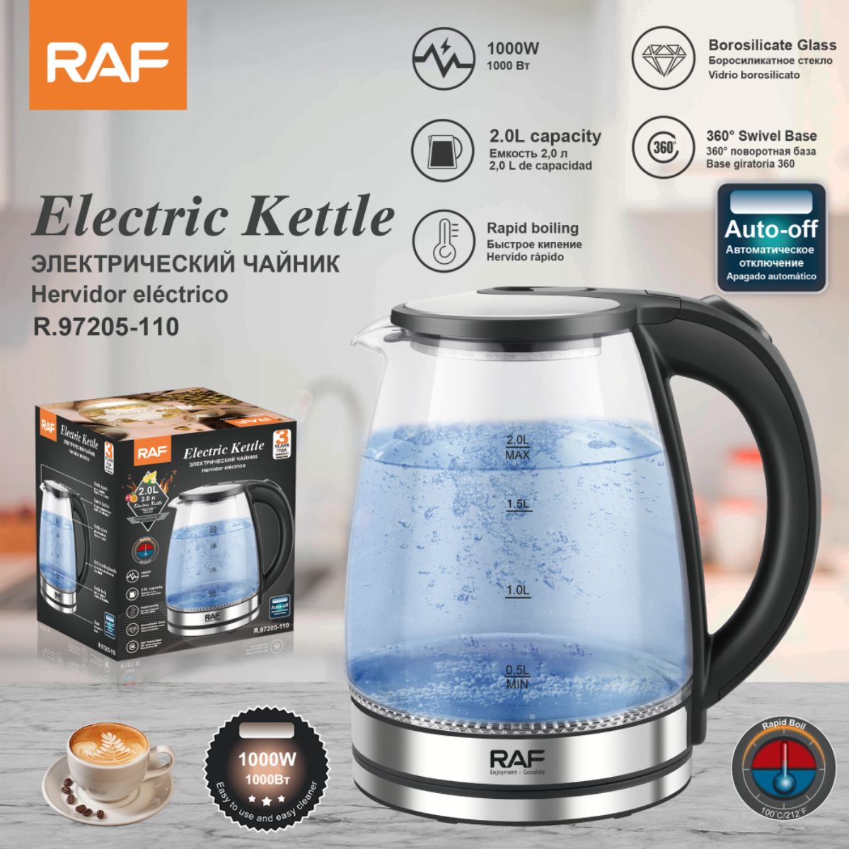 Hervidor Eléctrico de Vidrio 2.0L 1000W 110V. Tetera con Base Giratoria 360° y Apagado Automático.