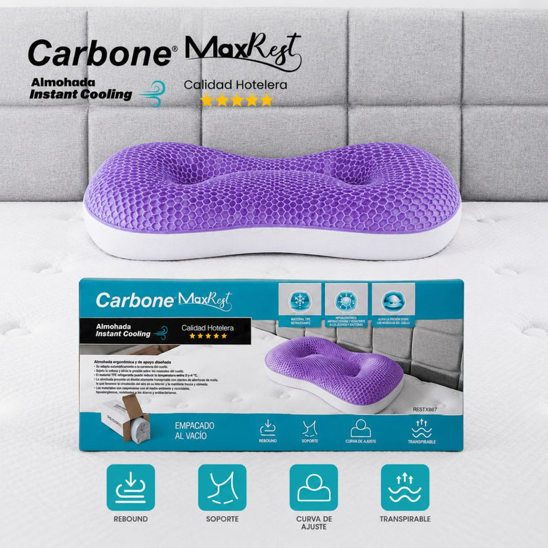Almohada Cervical Ergonómica 64x36x7cm Carbone MaxRest. TPE Refrigerante Con Enfriamiento Instantáneo y Soporte Cervical. Calidad Hotelera 5 Estrellas.