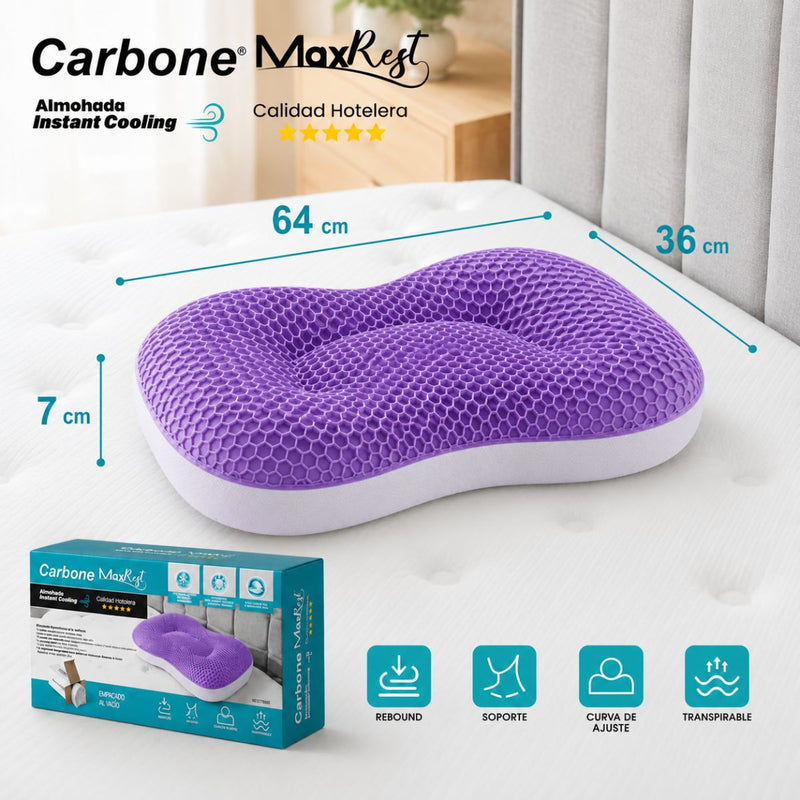 Almohada Cervical Ergonómica 64x36x7cm Carbone MaxRest. TPE Refrigerante Con Enfriamiento Instantáneo y Soporte Cervical. Calidad Hotelera 5 Estrellas.