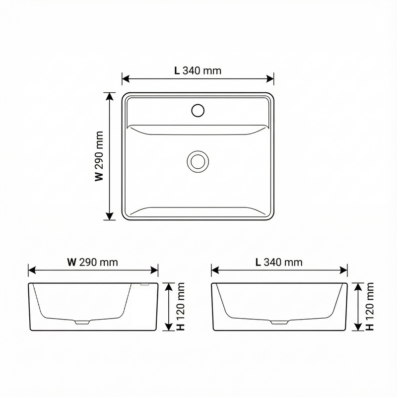 Lavamanos Chico de Sobreponer con perforación de grifo Rectangular 34x29x12 cm Cerámica Sanitaria Premium, Diseño Moderno