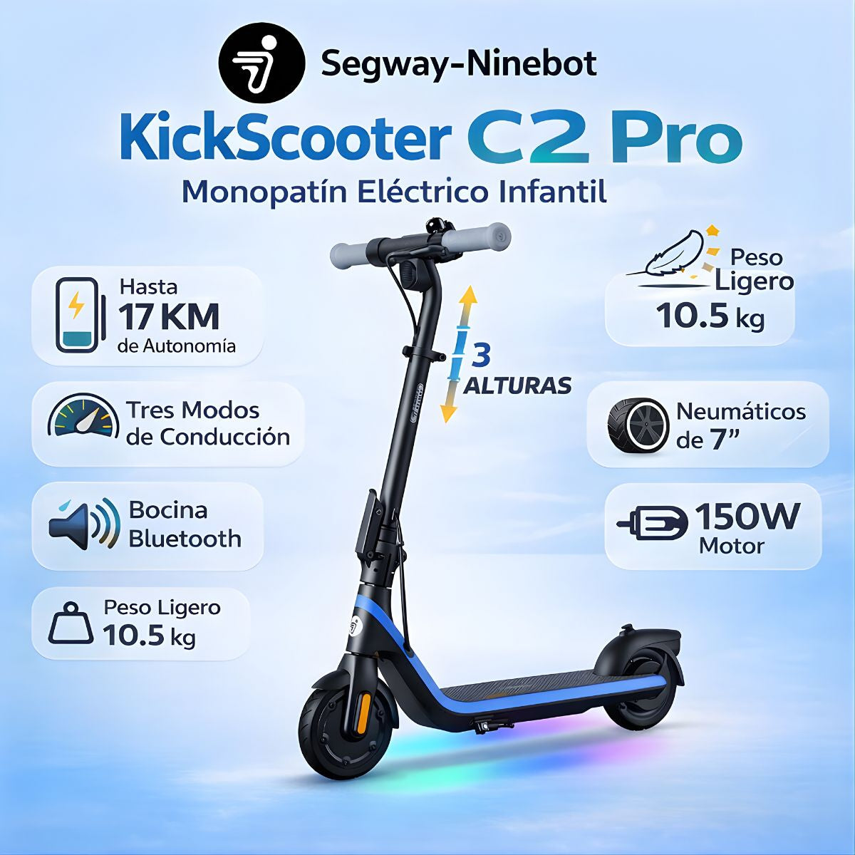 Scooter Segway Ninebot KickScooter C2 Pro. Monopatín Eléctrico Infantil. Autonomía Hasta 17 Km.
