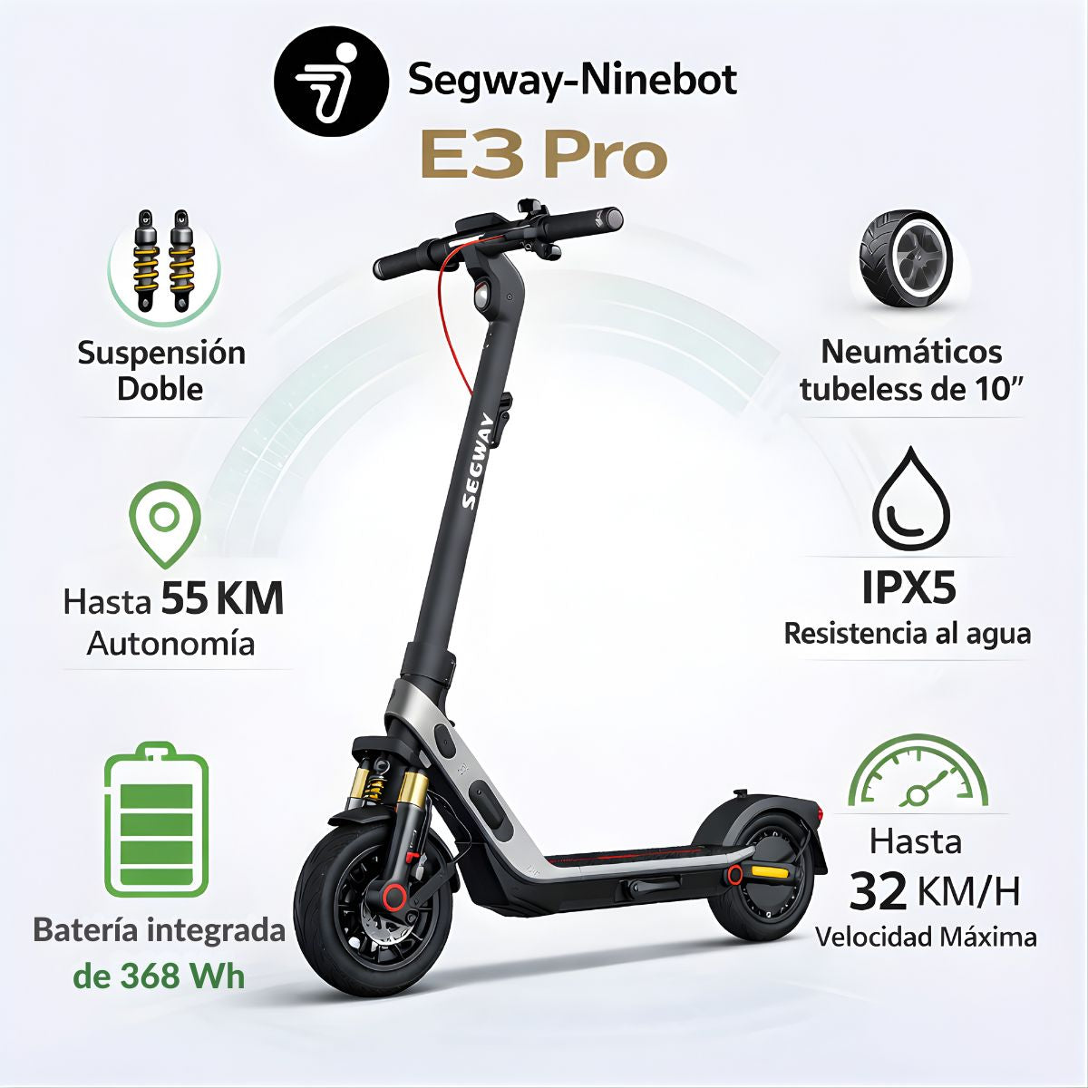 Scooter Segway Ninebot E3 Pro. Monopatín Eléctrico. Autonomía Hasta 55 Km.