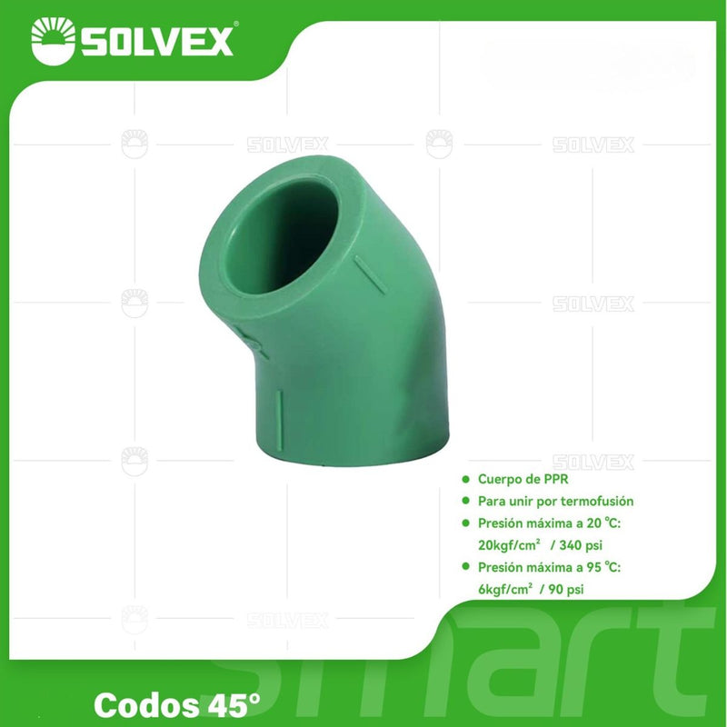 Codos PPR 45°. Conexiones Termofusión para Tuberías de Agua.