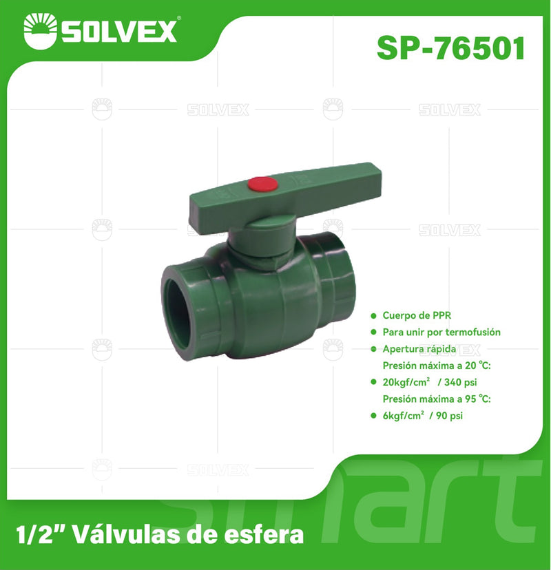 Válvula de Bola PPR 1/2". Conector de Esfera Termofusión para Agua. Apertura Rápida.