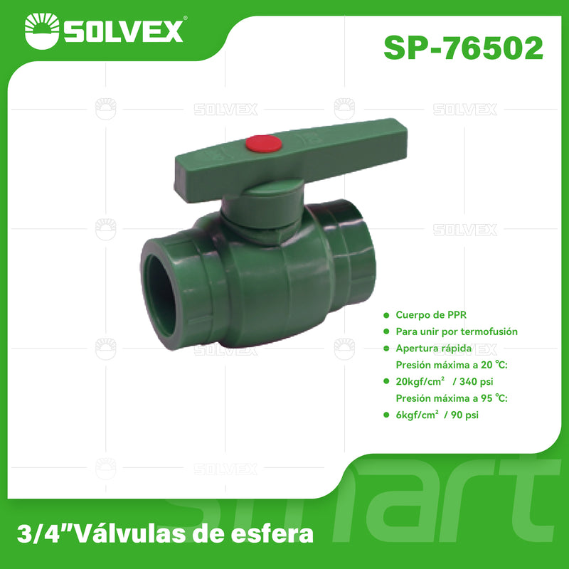 Válvula de Bola PPR 3/4". Conector de Esfera Termofusión para Agua. Apertura Rápida.
