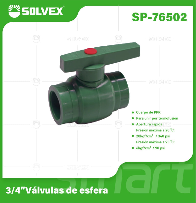 Válvula de Bola PPR 3/4". Conector de Esfera Termofusión para Agua. Apertura Rápida.