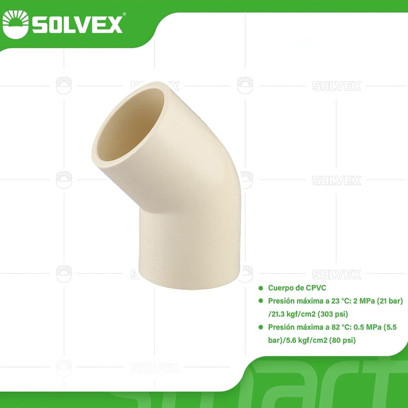 Codos CPVC 45°. Conexiones en Ángulo para Agua Caliente y Fría. Termofusión.