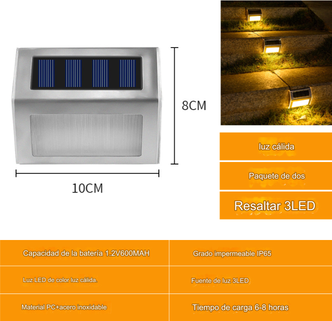 Luces LED con panel solar para exteriores. Luz cálida amarilla 3 LED en acero inoxidable de pared o escalera.