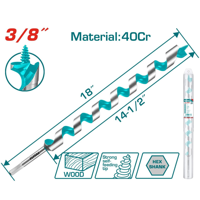 Broca Barrena 3/8" x 18" Acero 40Cr Vástago Hexagonal  Long 14-1/2” Alta Perforación