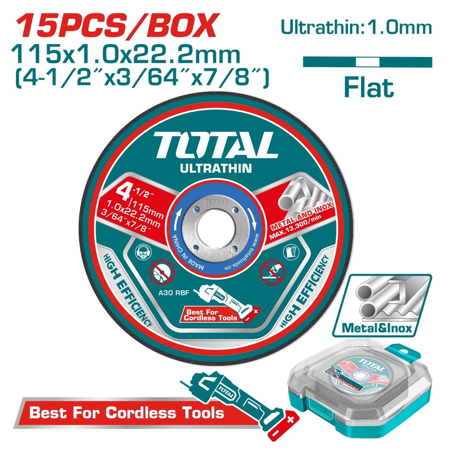Discos de corte de metal ultrafino 5" x 3/64" x 7/8" con Centro Plano. Set 25 piezas.