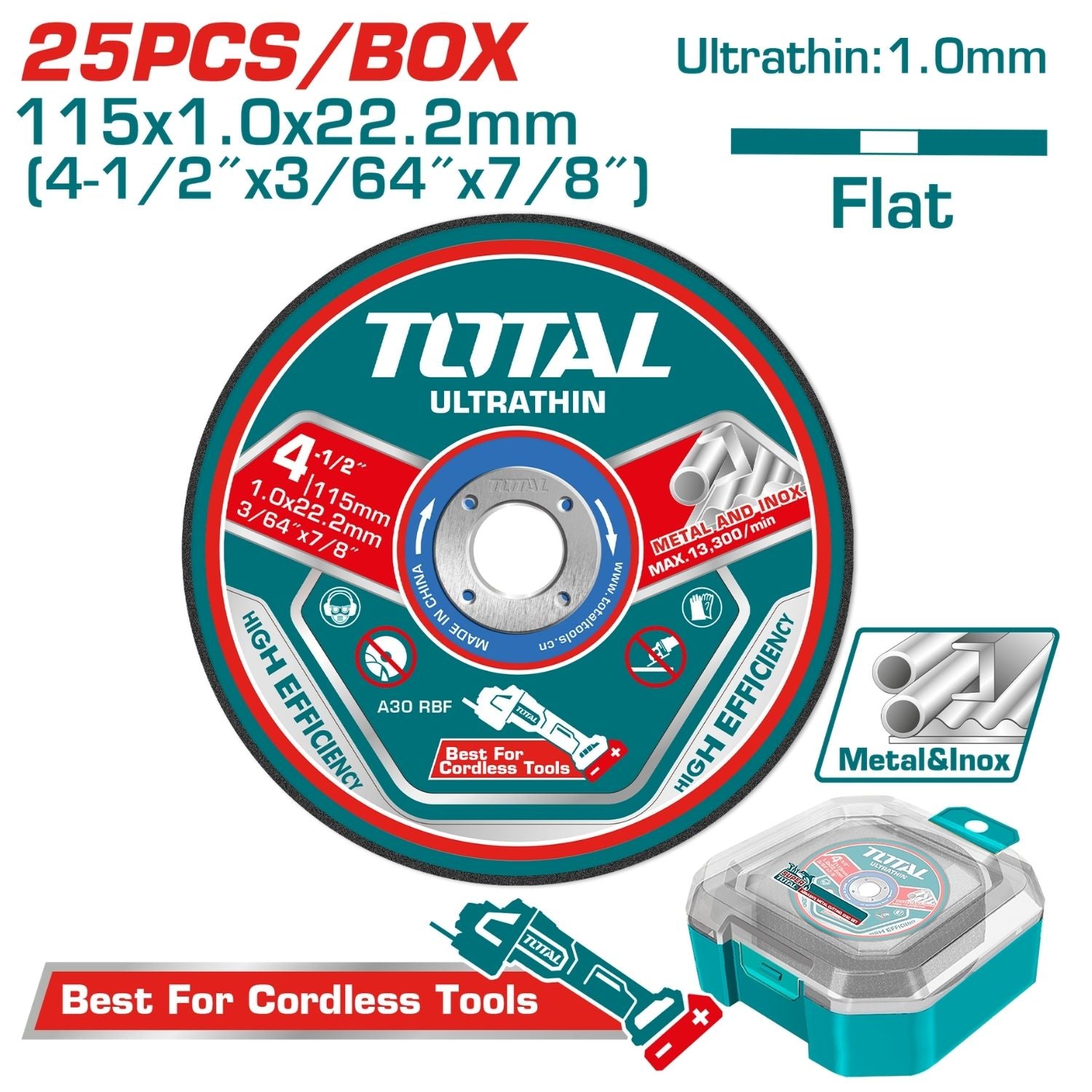 Discos de Corte de Metal e Inoxidable 115 mm (4 1/2") × 1.0 mm (3/64") × 22.2 mm (7/8") Centro Plano (Caja 25 pzas)