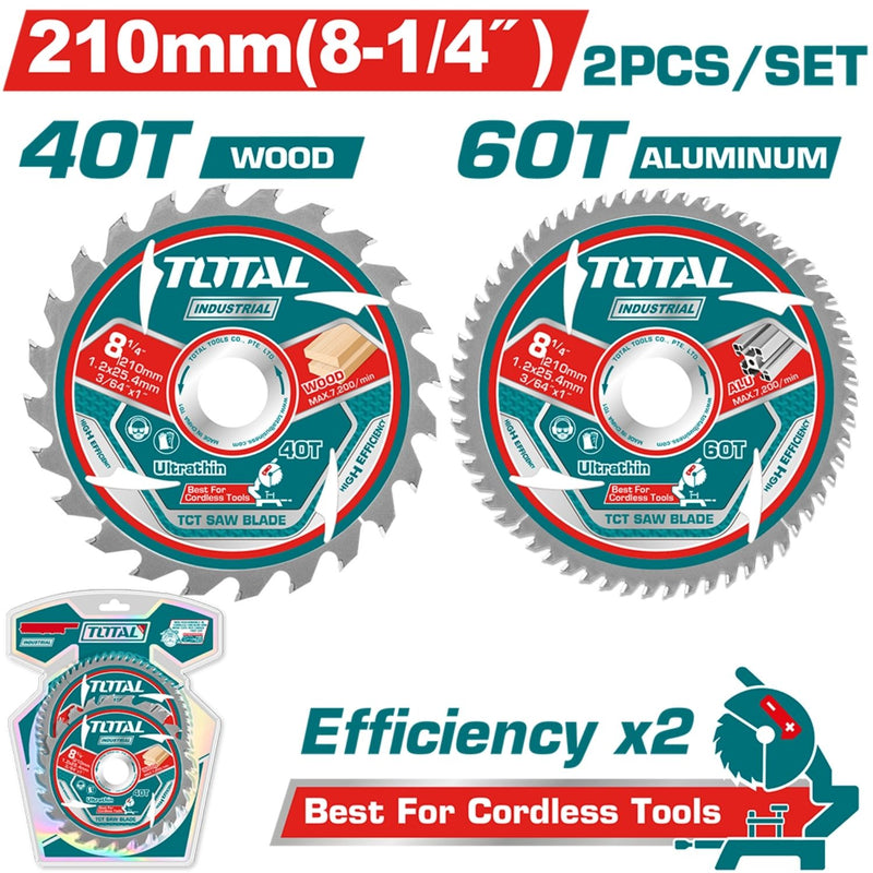 Discos Sierras 210mm (8-1/4") Espesor 1.2mm Madera 40T Aluminio 60T Set de 2 piezas. Sierra circular.