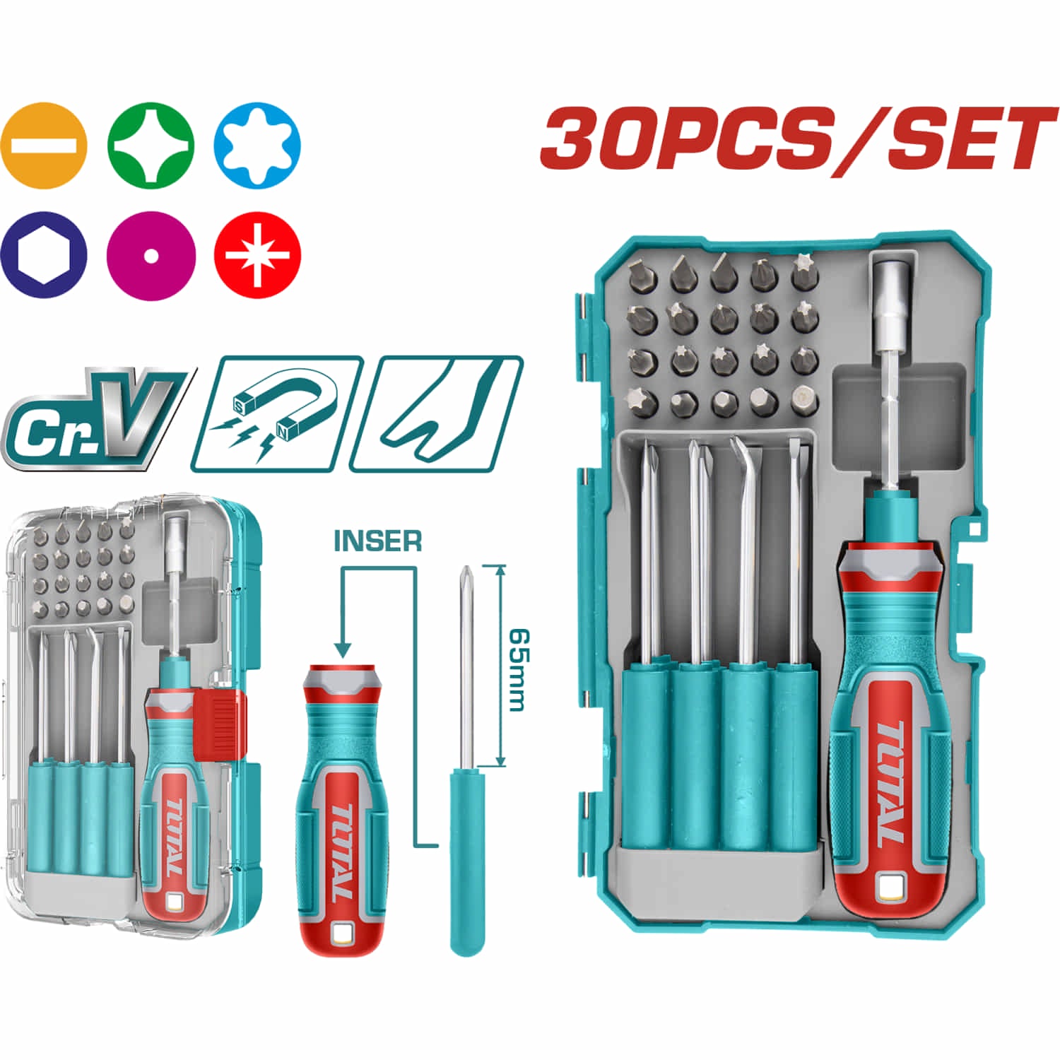 Destornilladores y Puntas Intercambiables Cr-V Set de 30 piezas. Punta Plana, Phillips, Puntas.