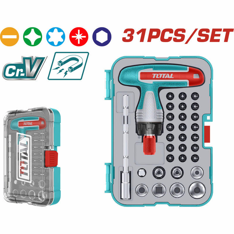 Destornillador Llave T Mixto ratched Cr-v. Magnético. Puntas variadas. Set de 31 piezas.