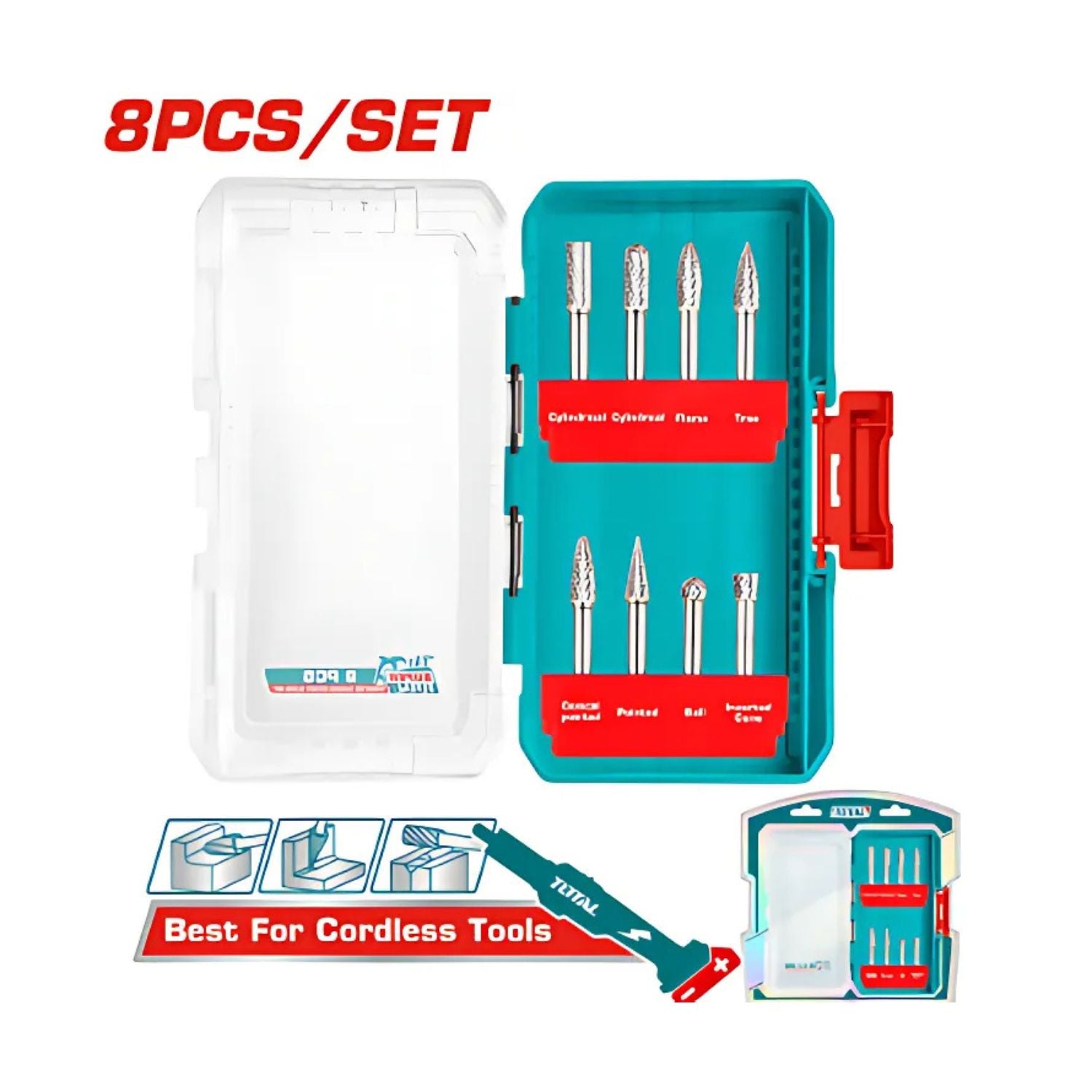 Fresas de Motortool HSS Vástago 6 mm Corte doble. Set 8 pzas.