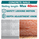 Clavadora de Concreto Inalámbrica 20V Motor sin escobillas Clavos 15-40mm Incluye accesorios.