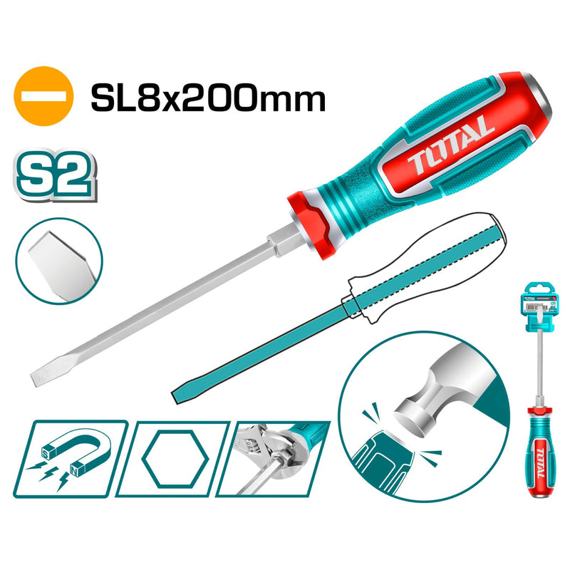 Destornillador Pasante Plano 8x200mm Material de la hoja: S2 Tipo de punta: Plana SL8 Magnético.
