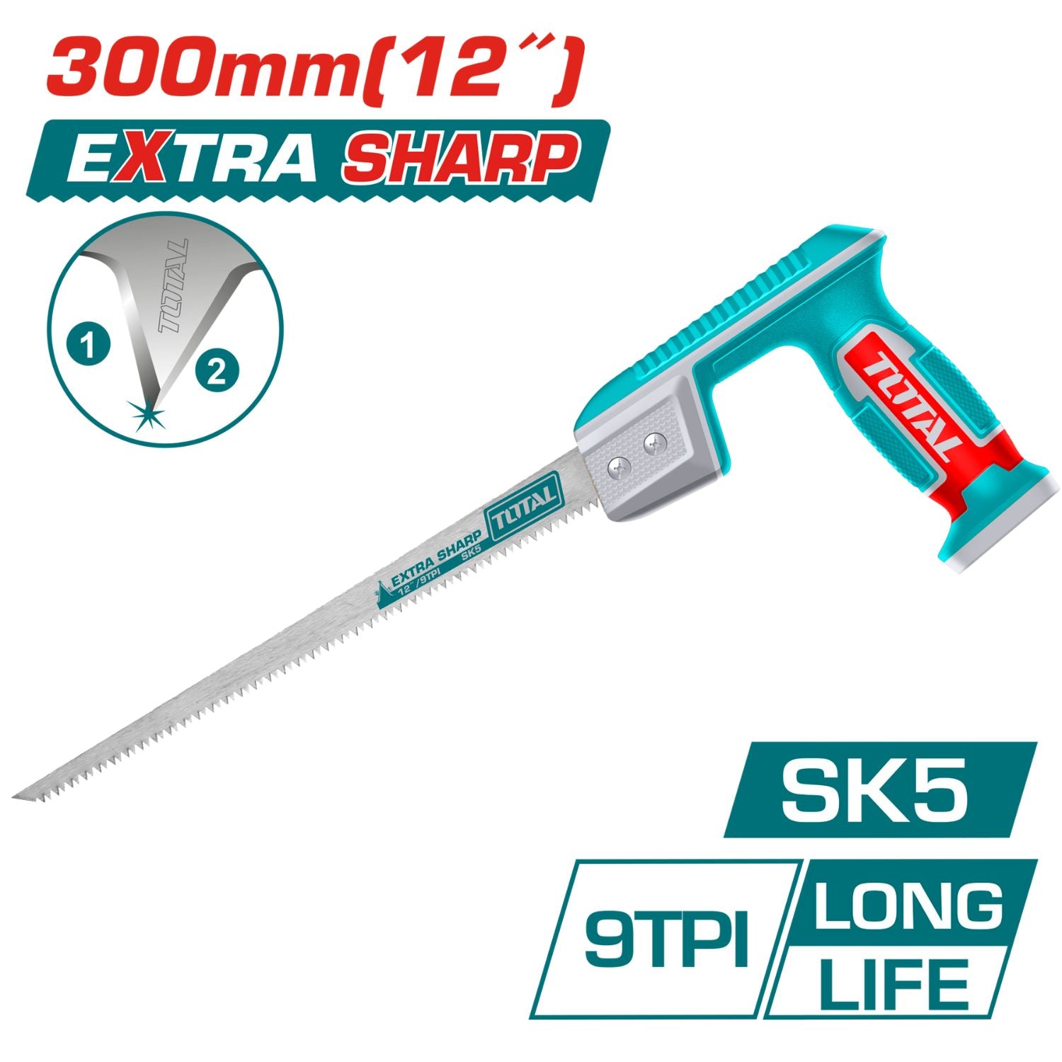 Sierra de Compas de 12" SK5 9TPI, dientes afilados en 2 bordes. Corte rápido.