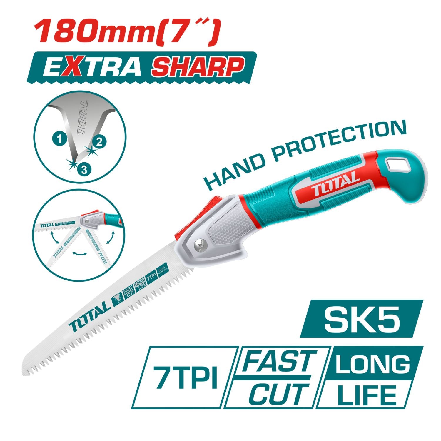 Serrucho plegable 7" SK5 7TPI. Corte rápido y preciso. Triple dientes.