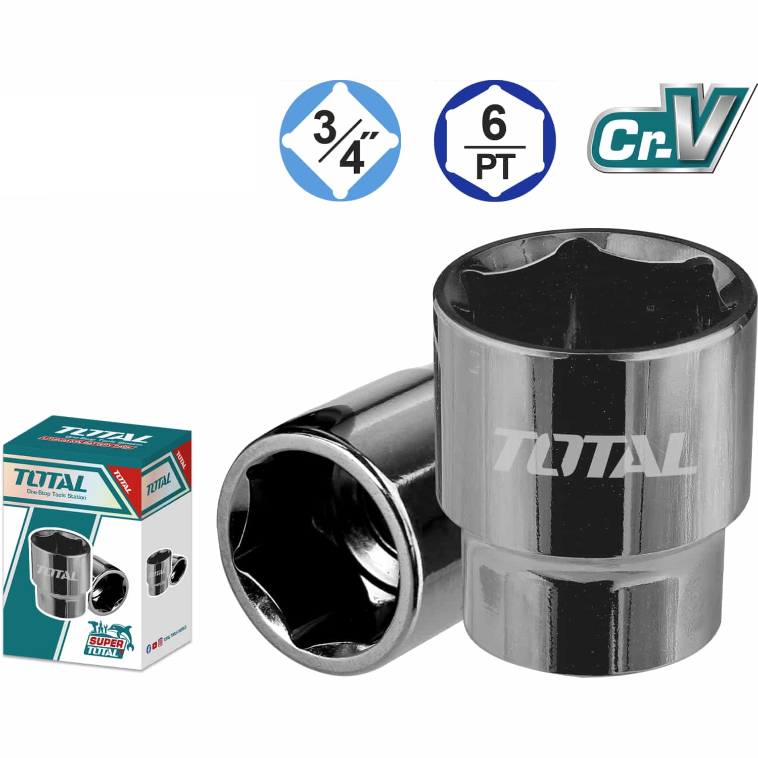 Sockets hexagonales 3/4" Cr-V con tratamiento térmico 6Pts.