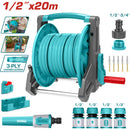 Manguera de agua 20 metros x 1/2" con carrete. Incluye conectores y adaptador de grifo.