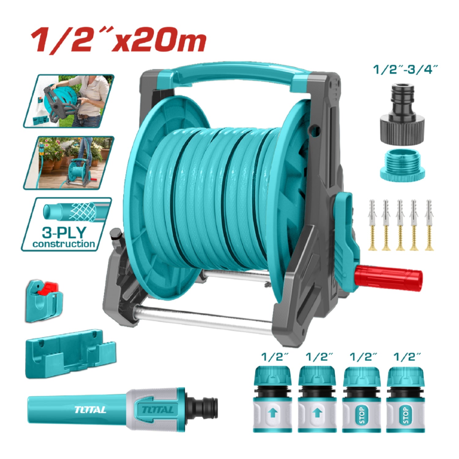 Manguera de agua 20 metros x 1/2" con carrete. Incluye conectores y adaptador de grifo.