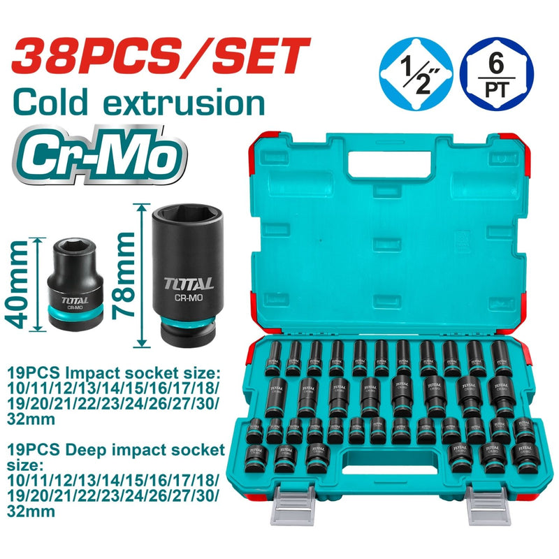 Dados Socket de Impacto 1/2 “10-32mm Long 78mm Cr-Mo Set 38 piezas