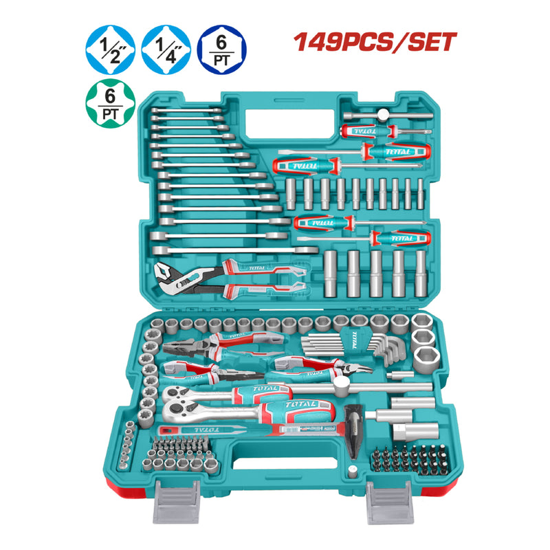 Herramientas Surtidas. Set de 149 Piezas (Dados, Ratchet, Llaves, Alicates, Martillo, Barras, Adaptadores, Destornilladores, Bits) Kit 1/4" Y 1/2"