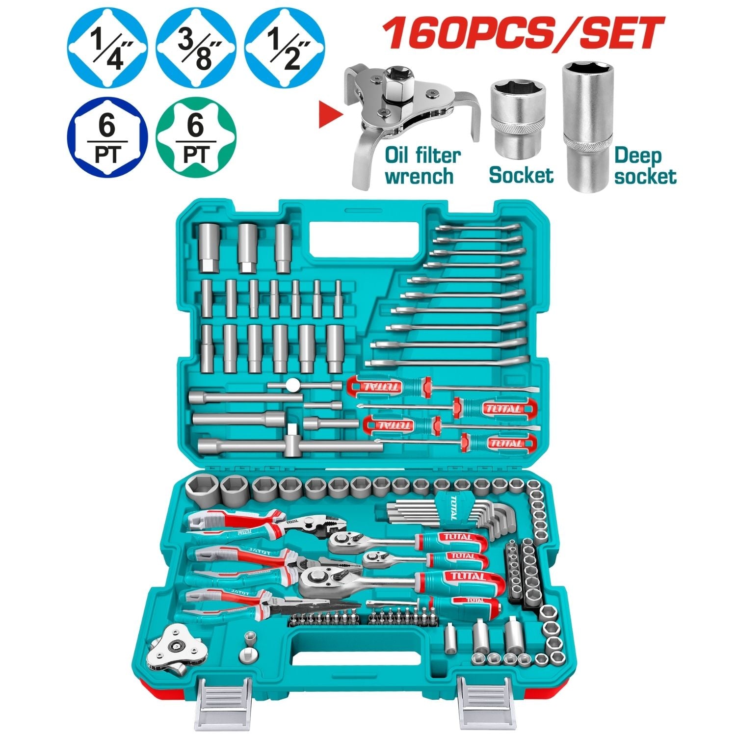 Sockets dados ratchet 160 piezas variadas en maletín. (Llaves, barras, adaptador, mangos) en juego kit 1/4", 3/8" y 1/2"