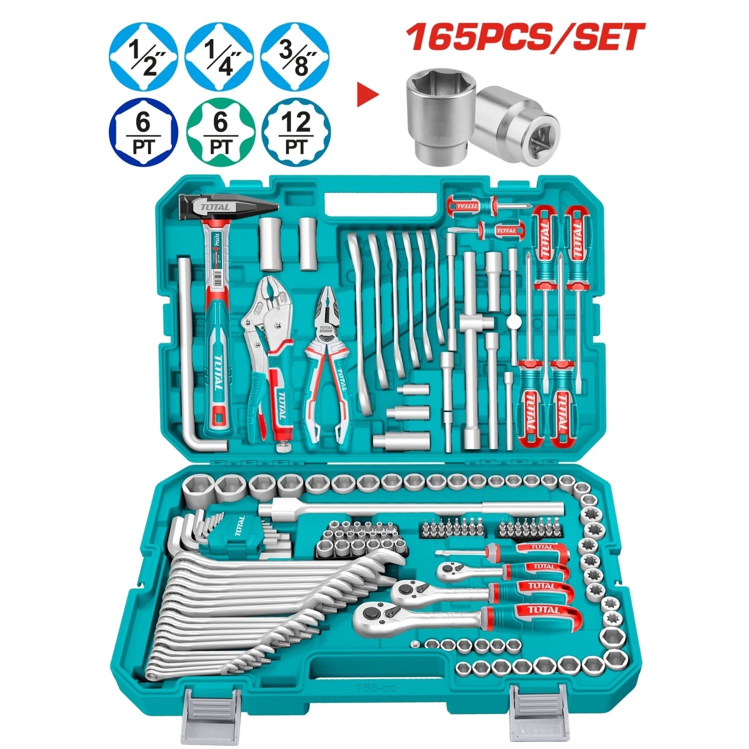 Sockets Dados 165 Piezas Variadas En Maletín. (Destornilladores, Dados,Ratchet)  en Juego Kit 1/4", 3/8" y 1/2".