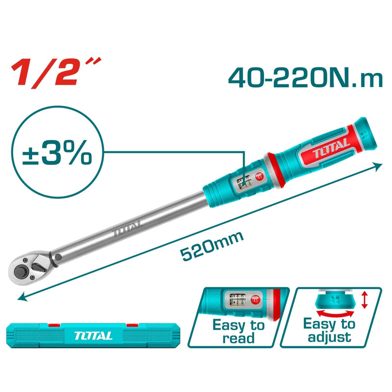 Torquímetro 1/2" 40–220 N·m. Cr-V. Liberación rápida. Long: 520mm. Tolerancia de torque: ±3%