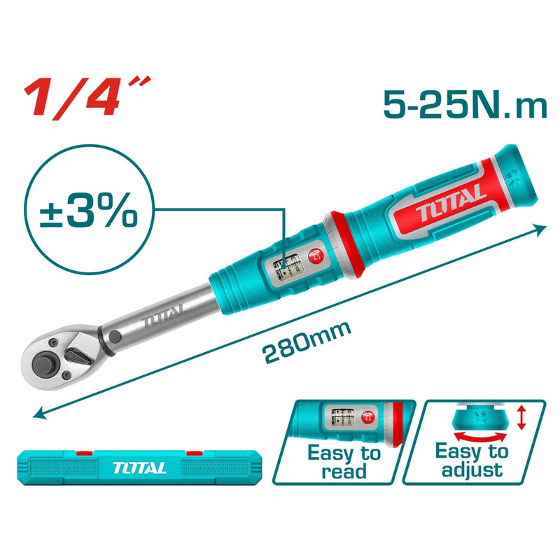 Torquímetro 1/4" 5-25Nm. Cr-V. Liberación rápida. Cr-Mo. Long: 280mm. Tolerancia de torque: ±3%